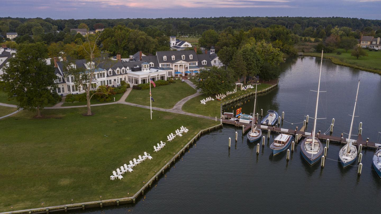Aerial shot over Inn at Perry Cabins