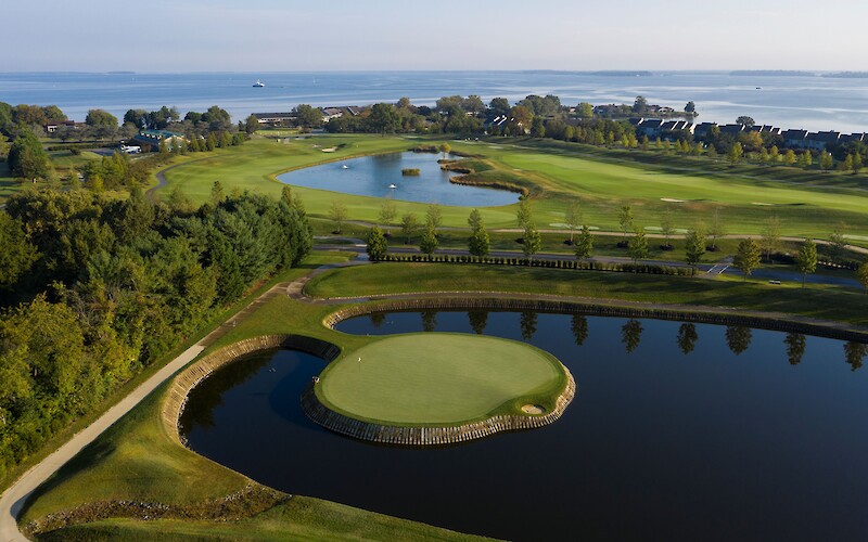 Aerial view of the greens, ponds, and waterfront at Links at Perry Cabin